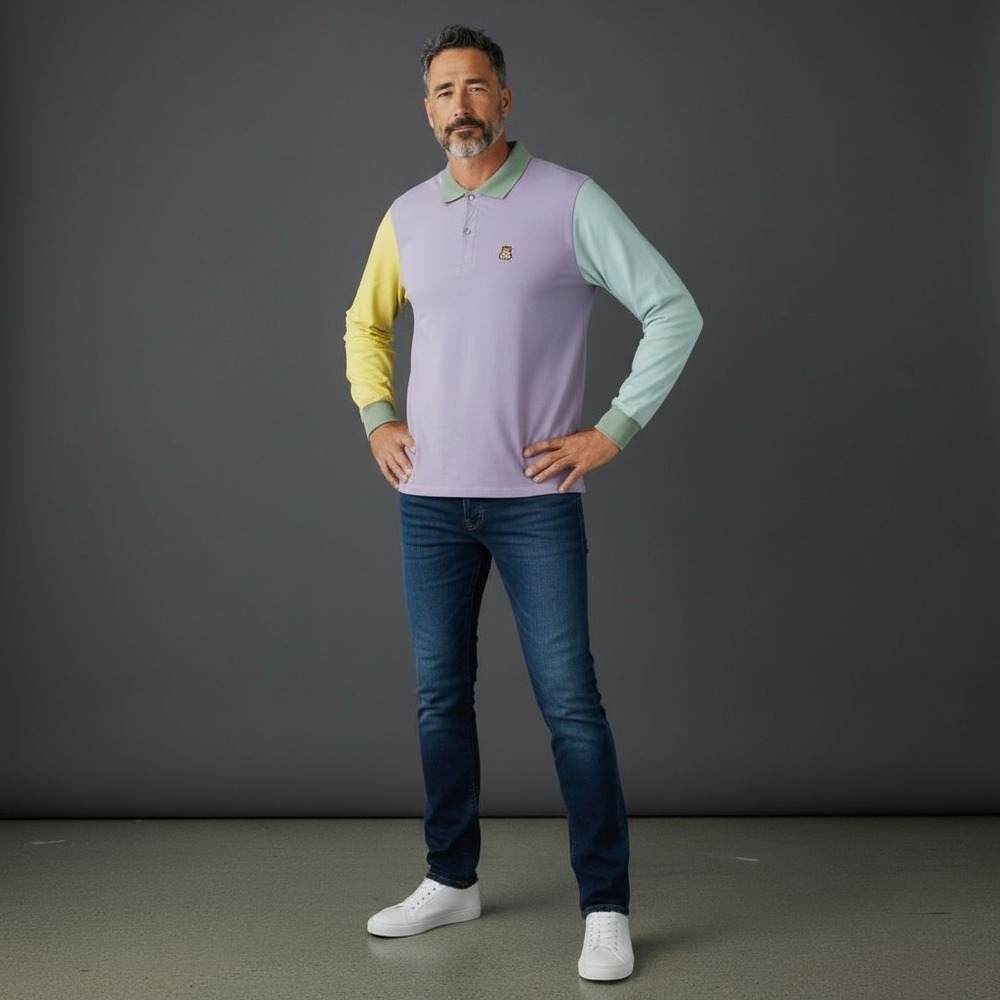 Teddy Fresh Colorblock Long Sleeve Polo Shirt Mens Size S Lavender‎ Yellow Mint